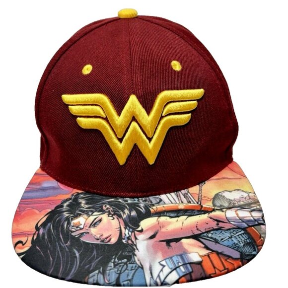 Wonder Woman Hat Red Marvel Snapback Cap by Six Flags GUC With Comic Book Design - Picture 2 of 8
